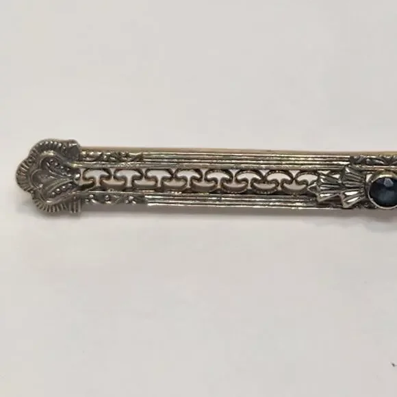 Art Deco Antique 10k White Gold Filigree Bar Pin Brooch Blue Sapphire Edwardian - Picture 2 of 10